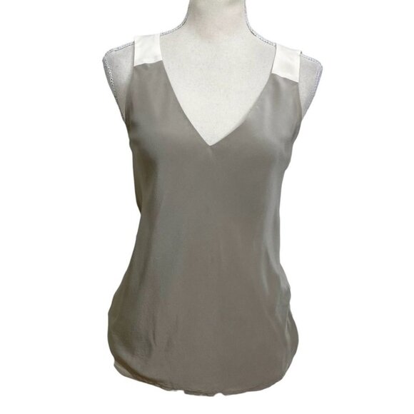 JUDITH & CHARLES TAUPE GRAY IVORY WHITE SILK COLORBLOCK V-NECK SLEEVELESS BLOUSE - Picture 1 of 7